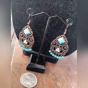 Turquoise Bead Filigree Drop Earrings - Unbranded
